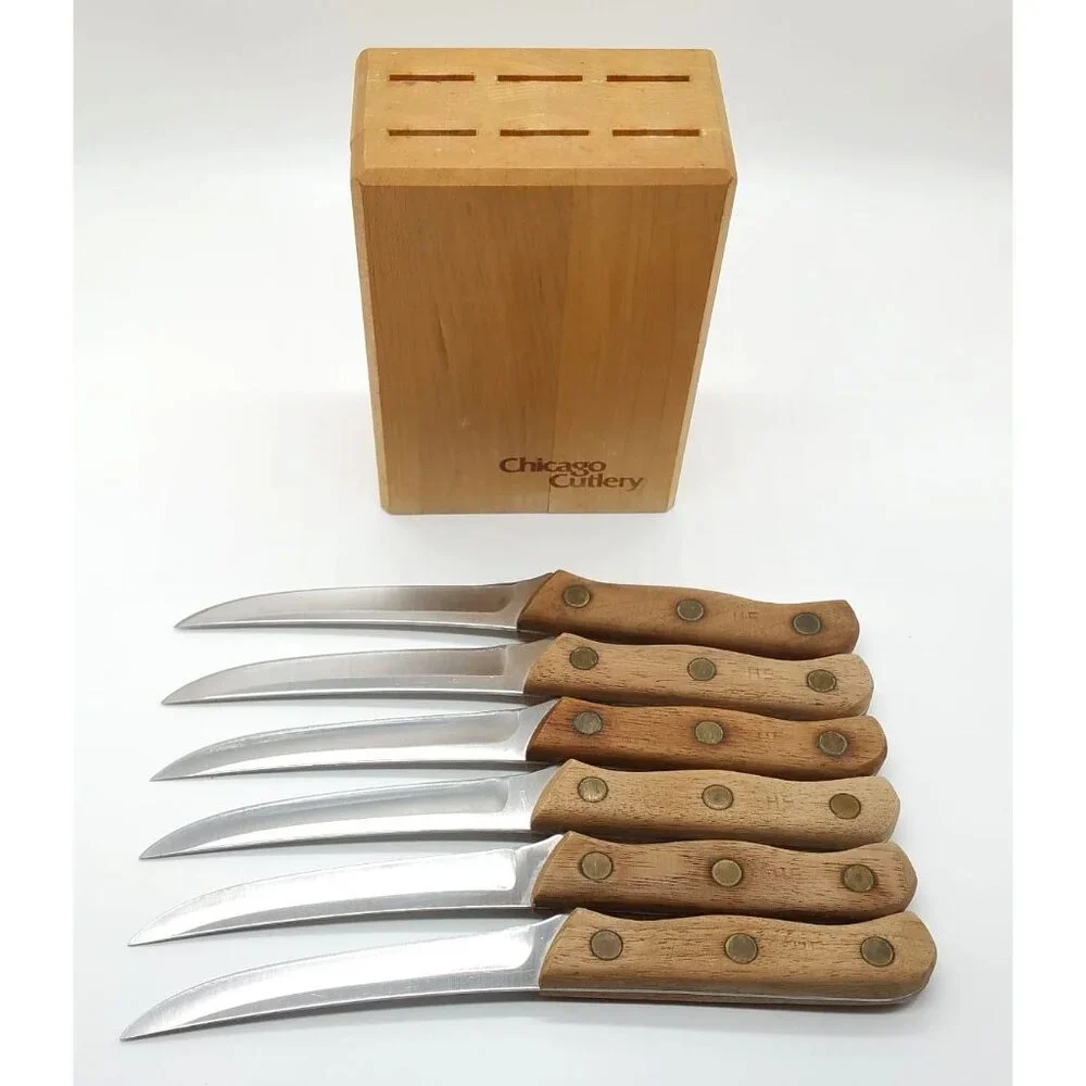 Set of 6 Vintage Chicago Cutlery 103S Steak Knives with Block